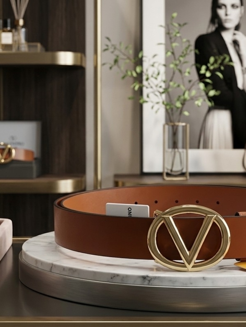 Mario Valentino Guisy Monogram Brown Leather Belt With Goldtone V Buckle Size L